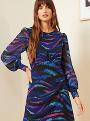 Love & Roses Blue Animal Printed Empire Chiffon Long Sleeve Mini Dress - Image 1 of 4