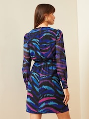Love & Roses Blue Animal Printed Empire Chiffon Long Sleeve Mini Dress - Image 3 of 4