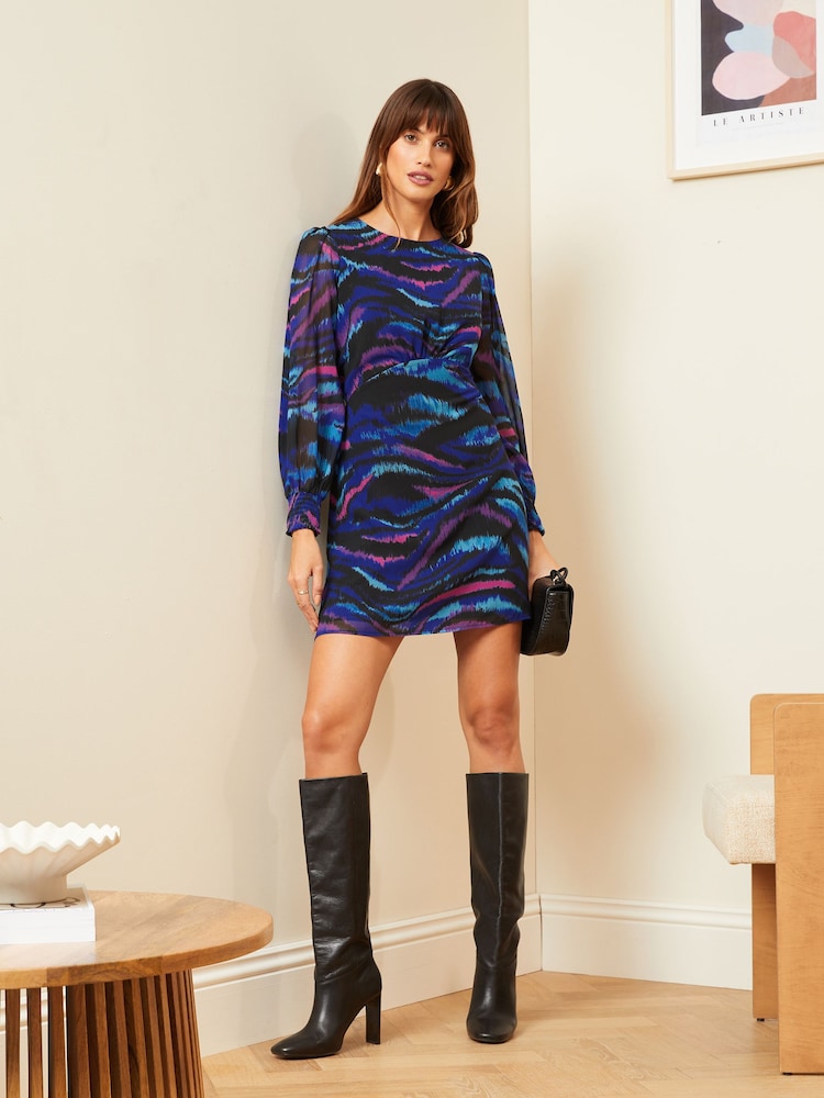 Love & Roses Blue Animal Printed Empire Chiffon Long Sleeve Mini Dress - Image 4 of 4 Love & Roses Blue Animal Printed Empire Chiffon Long Sleeve Mini Dress - Image 4 of 4