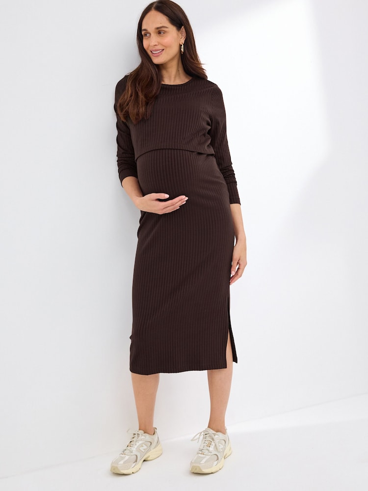 Chocolate Brown Maternity Nursing Long Sleeve Dress - Image 1 of 1