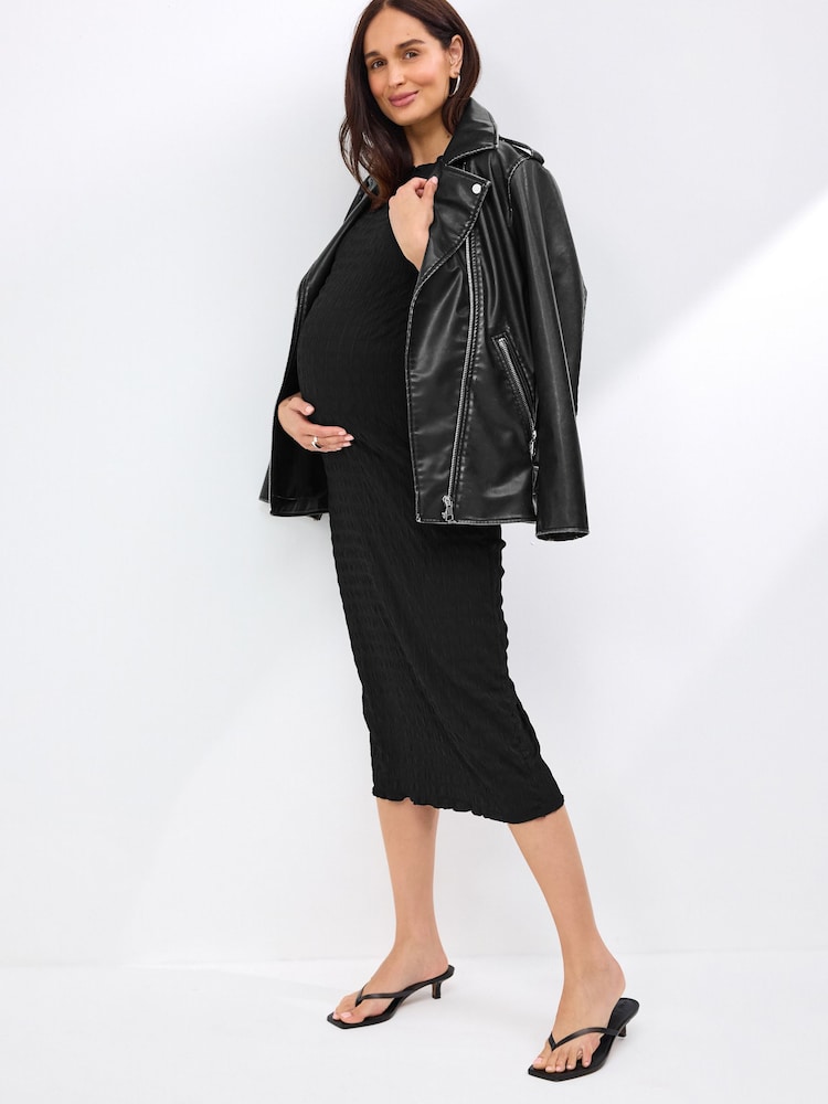 Black Maternity Short Sleeve Textured Column Dress - Image 2 of 8