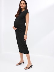 Black Maternity Short Sleeve Textured Column Dress - Image 3 of 8