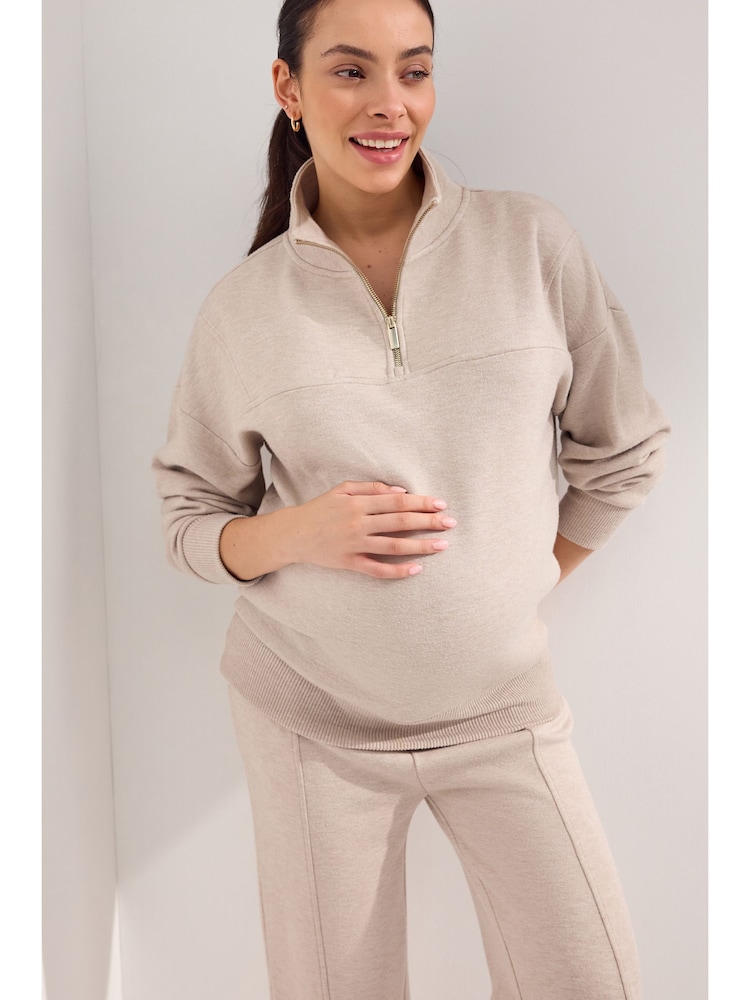 Neutrale Farbe - Sweatshirt mit Viertelreißverschluss (Umstandsmode) - Bild 1 von 8 Neutrale Farbe - Sweatshirt mit Viertelreißverschluss (Umstandsmode) - Bild 1 von 8