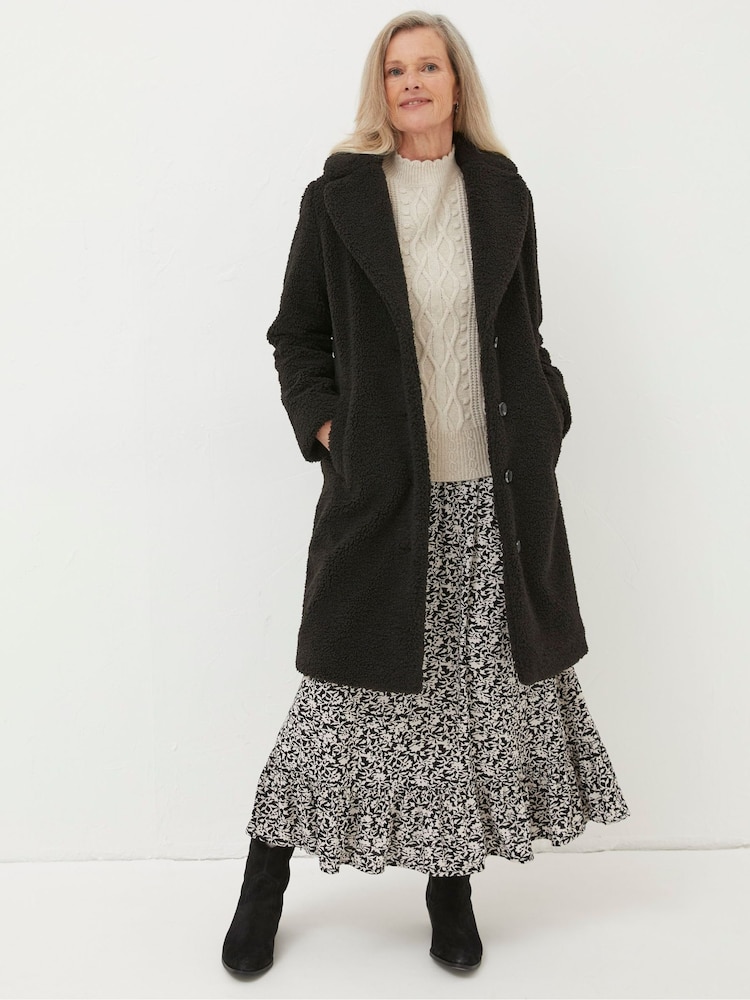 FatFace Black Mylah Teddy Longline Coat - Image 1 of 4