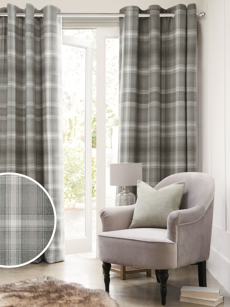 Grey Cosy Check Eyelet Blackout/Thermal Curtains - Image 1 of 7