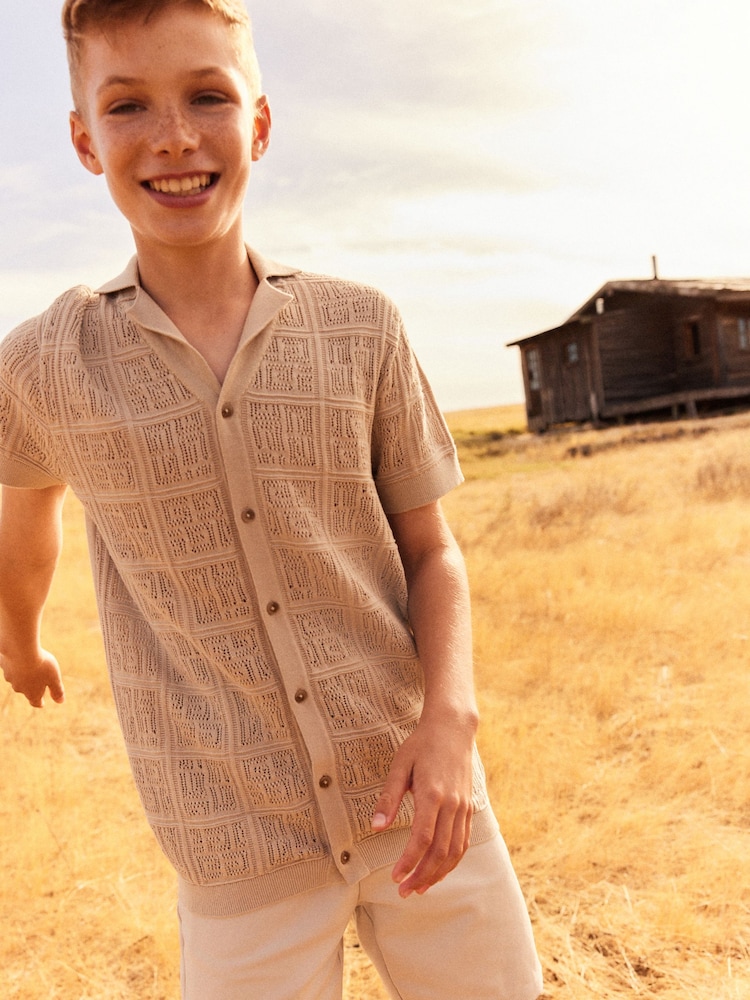 Neutral Short Sleeve Textured Knit Shirt (3-16yrs) - Image 1 of 6