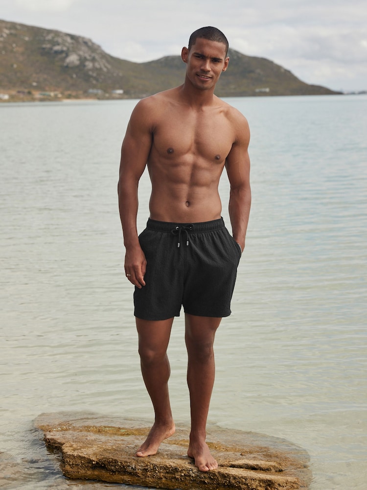 Black Seersucker Plain Premium Swim Shorts - Image 2 of 12 Black Seersucker Plain Premium Swim Shorts - Image 2 of 12