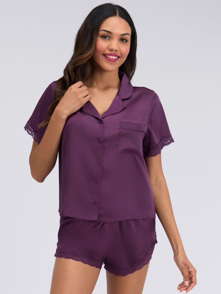 Boux Avenue Purple Daisy Satin Short Pyjamas Set - Image 1 of 6 Boux Avenue Purple Daisy Satin Short Pyjamas Set - Image 1 of 6
