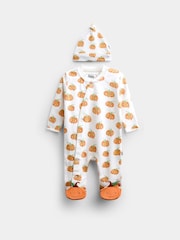 JoJo Maman Bébé Cream Pumpkin Print Zip Sleepsuit & Hat - Image 1 of 7
