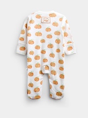 JoJo Maman Bébé Cream Pumpkin Print Zip Sleepsuit & Hat - Image 3 of 7