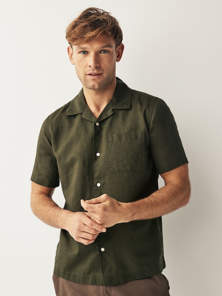 Green Cuban Collar Linen Blend Short Sleeve Shirt - Image 1 of 7