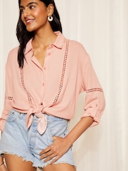 Friends Like These Khaki Green Long Sleeve Crinkle Trim Detail Button Through Shirt - Image 3 of 4