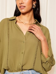 Friends Like These Khaki Green Long Sleeve Crinkle Trim Detail Button Through Shirt - Image 1 of 4