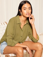 Friends Like These Khaki Green Long Sleeve Crinkle Trim Detail Button Through Shirt - Image 2 of 4