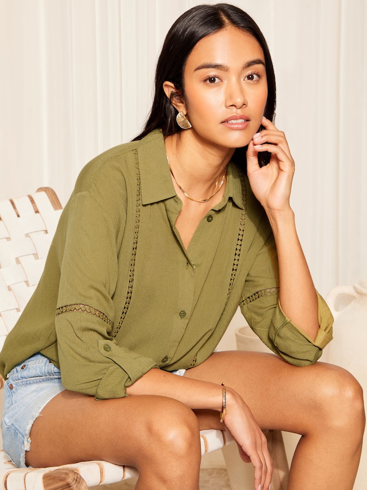 Friends Like These Khaki Green Long Sleeve Crinkle Trim Detail Button Through Shirt - Image 2 of 4
