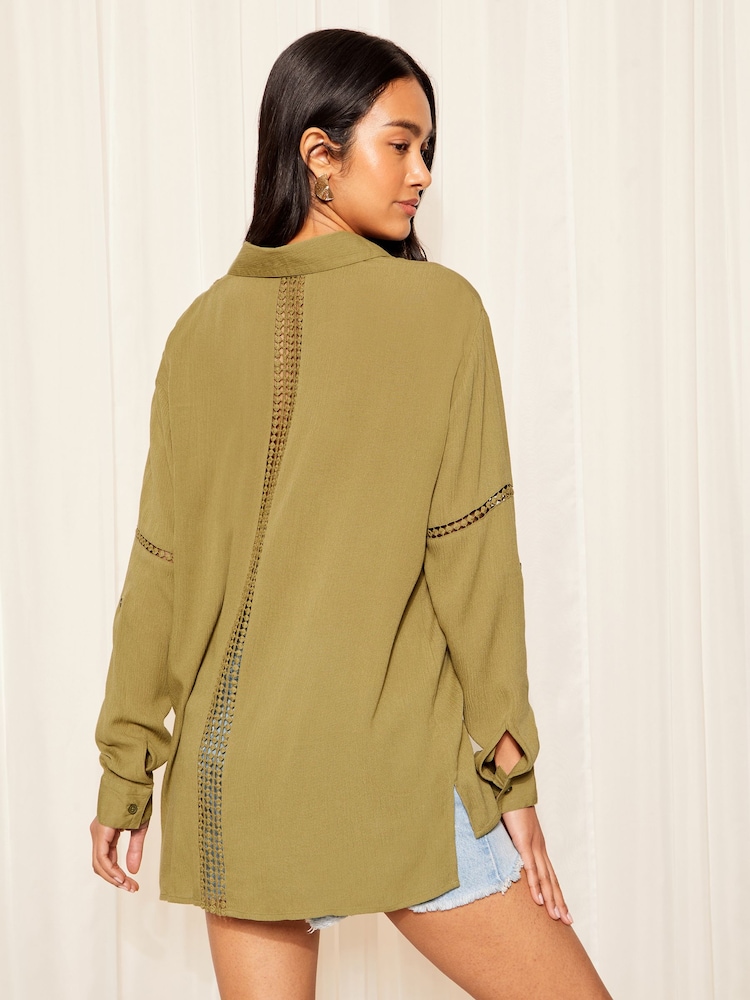 Friends Like These Khaki Green Long Sleeve Crinkle Trim Detail Button Through Shirt - Image 4 of 4