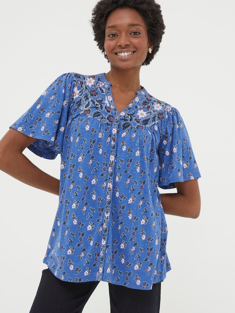 FatFace Blue Polly Layered Floral Top - Image 1 of 4