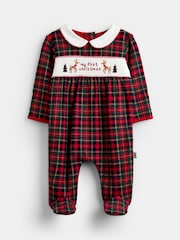 JoJo Maman Bébé Red Tartan First Christmas Smocked Footed Sleepsuit - Image 1 of 4