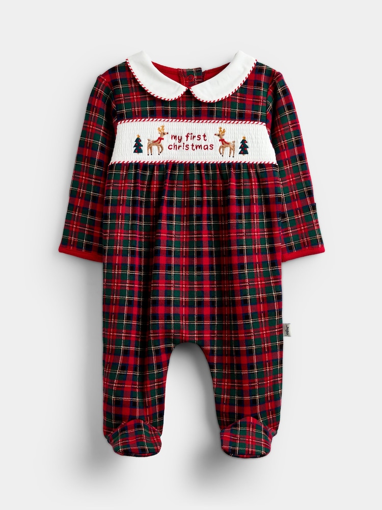 JoJo Maman Bébé Red Tartan First Christmas Smocked Footed Sleepsuit - Image 1 of 4 JoJo Maman Bébé Red Tartan First Christmas Smocked Footed Sleepsuit - Image 1 of 4
