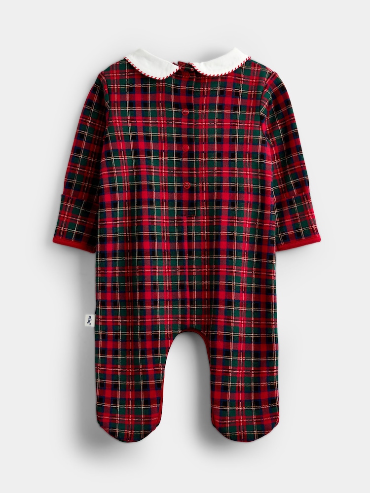 JoJo Maman Bébé Red Tartan First Christmas Smocked Footed Sleepsuit - Image 2 of 4 JoJo Maman Bébé Red Tartan First Christmas Smocked Footed Sleepsuit - Image 2 of 4