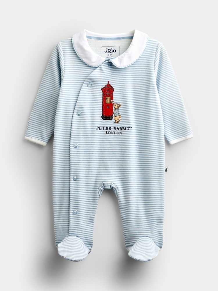 JoJo Maman Bébé Blue Peter Rabbit London Striped Footed Sleepsuit - Image 1 of 4 JoJo Maman Bébé Blue Peter Rabbit London Striped Footed Sleepsuit - Image 1 of 4
