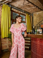 FatFace Rose Red/White Floral Tile Jumpsuit - Image 1 of 8