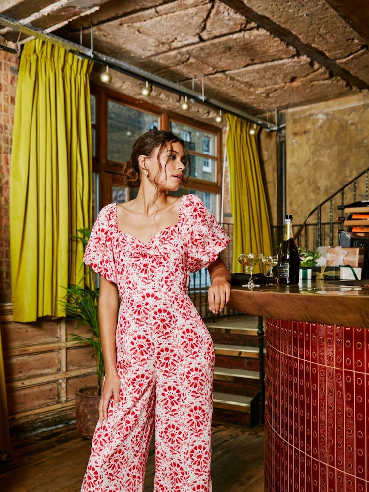 FatFace Rose Red/White Floral Tile Jumpsuit - Image 1 of 8