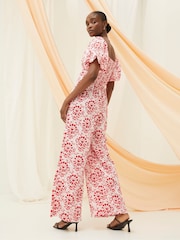FatFace Rose Red/White Floral Tile Jumpsuit - Image 3 of 8