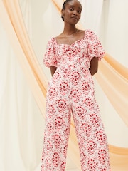 FatFace Rose Red/White Floral Tile Jumpsuit - Image 4 of 8