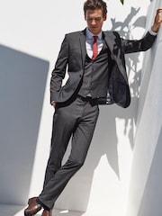 Black Tailored Fit Wool Mix Textured Suit: Jacket - Image 7 of 8