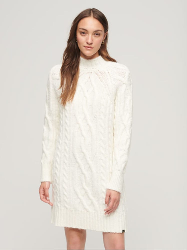 Superdry White 100% Cotton Cable Mock Neck Jumper Dress - Image 1 of 5