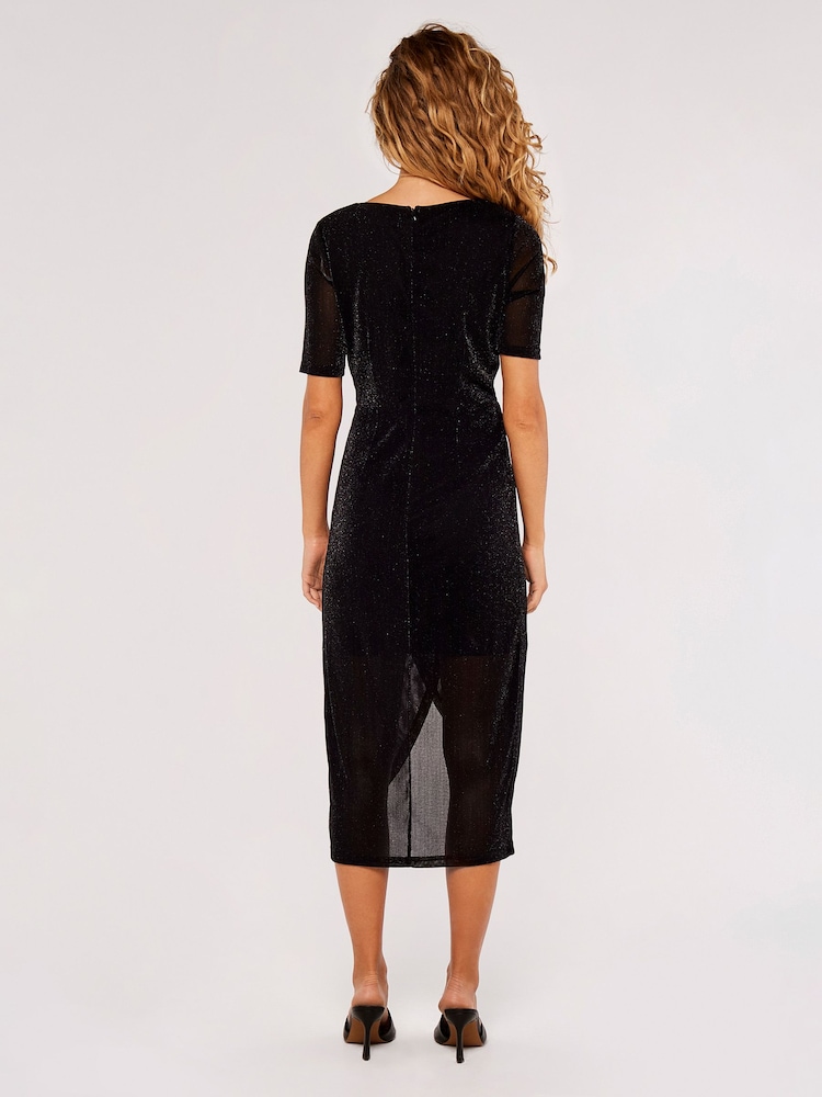 Apricot Black Mesh Drape Wrap Midi Dress - Image 2 of 4 Apricot Black Mesh Drape Wrap Midi Dress - Image 2 of 4