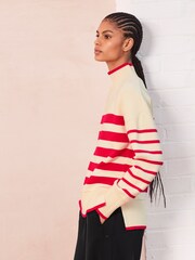 Red/Ecru Cream High Neck Stripe Cosy Knitted Jumper Long Sleeve Top - Image 3 of 7