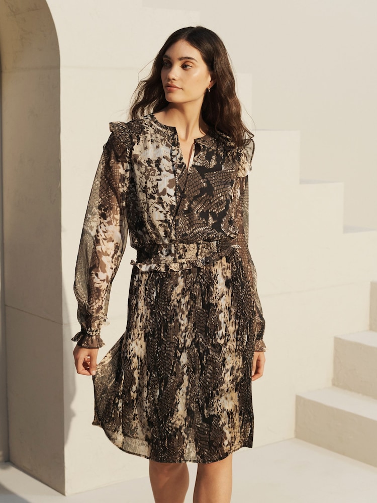 Khaki Green Animal Snake Effect Long Sleeve Chiffon Mini Dress - Image 1 of 7