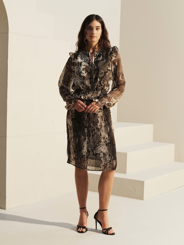 Khaki Green Animal Snake Effect Long Sleeve Chiffon Mini Dress - Image 2 of 7
