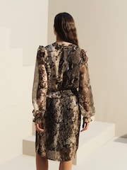 Khaki Green Animal Snake Effect Long Sleeve Chiffon Mini Dress - Image 3 of 7
