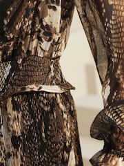 Khaki Green Animal Snake Effect Long Sleeve Chiffon Mini Dress - Image 4 of 7