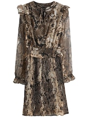 Khaki Green Animal Snake Effect Long Sleeve Chiffon Mini Dress - Image 5 of 7