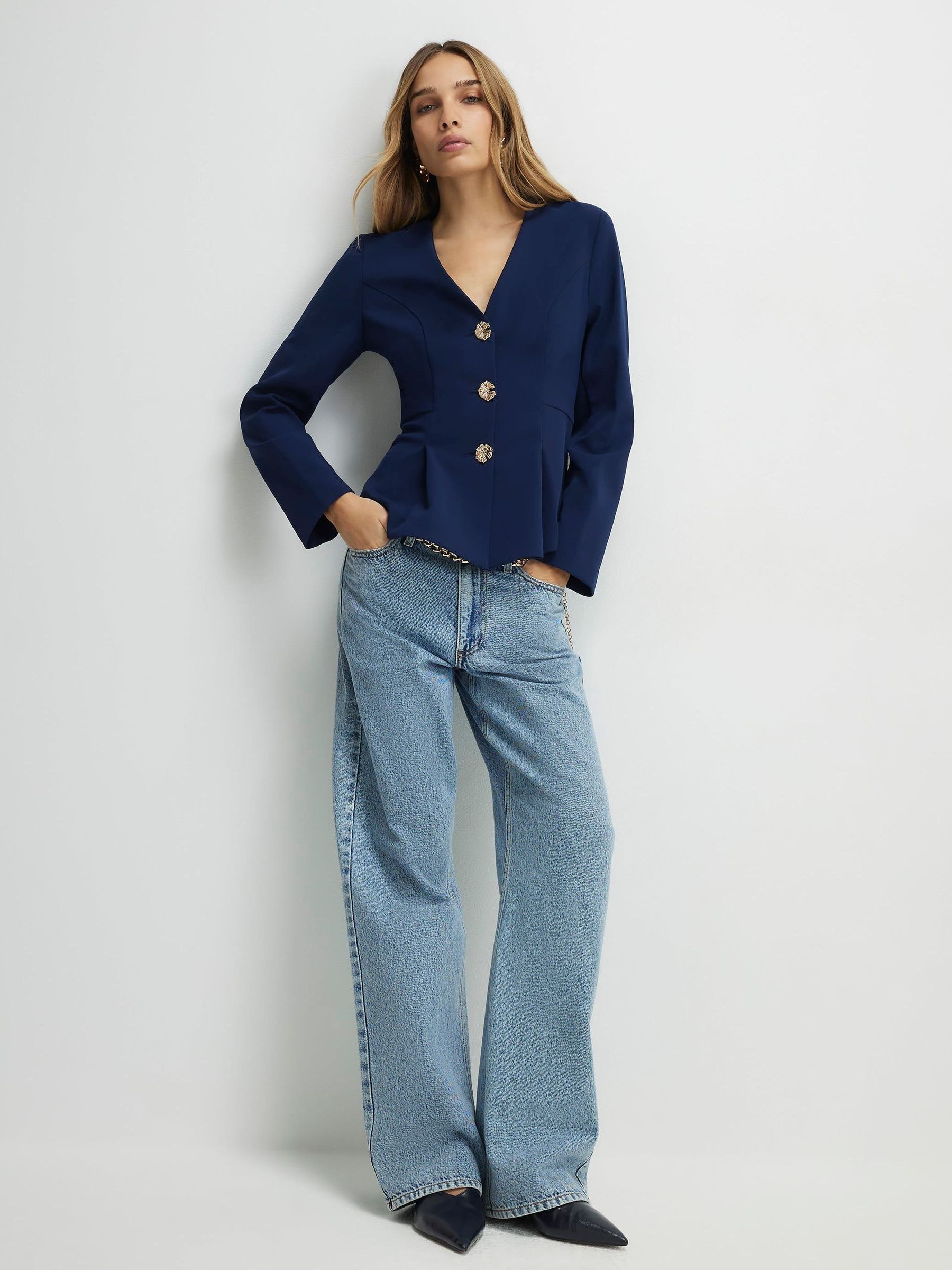 Buy River Island Blue Long Sleeve Button Front Peplum Jacket from
