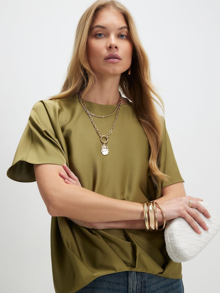 River Island Green Short Sleeve Batwing Satin T-Shirt - Image 1 of 4