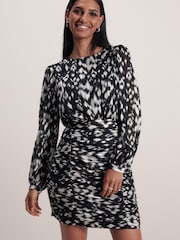 Black/White Monochrome Print Long Sleeve Ruched Mini Dress - Image 1 of 5