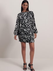 Black/White Monochrome Print Long Sleeve Ruched Mini Dress - Image 2 of 5