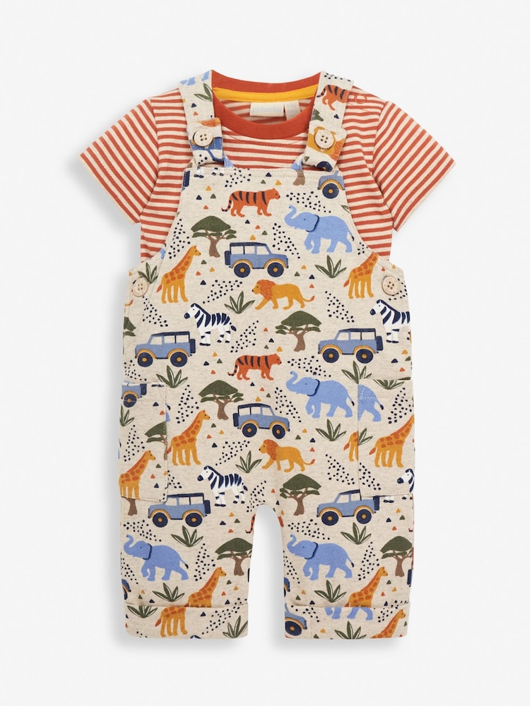 JoJo Maman Bébé Natural 2-Piece Natural Safari  Print Baby Dungarees Set - Image 1 of 3