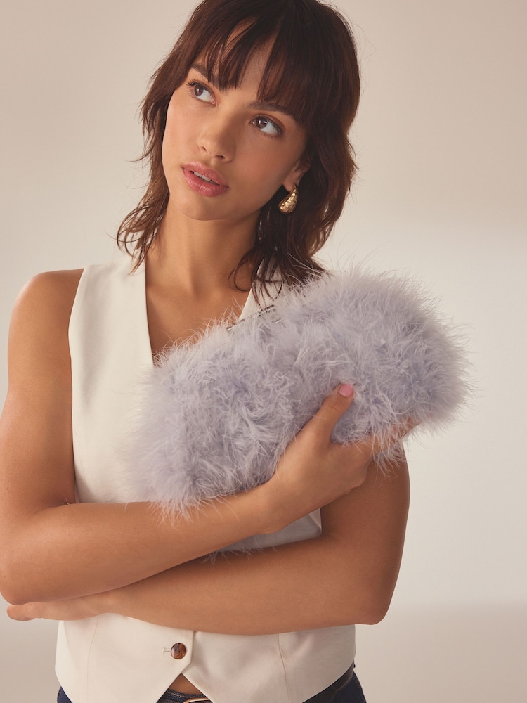 Grey Feather Clutch Bag - Image 1 of 9