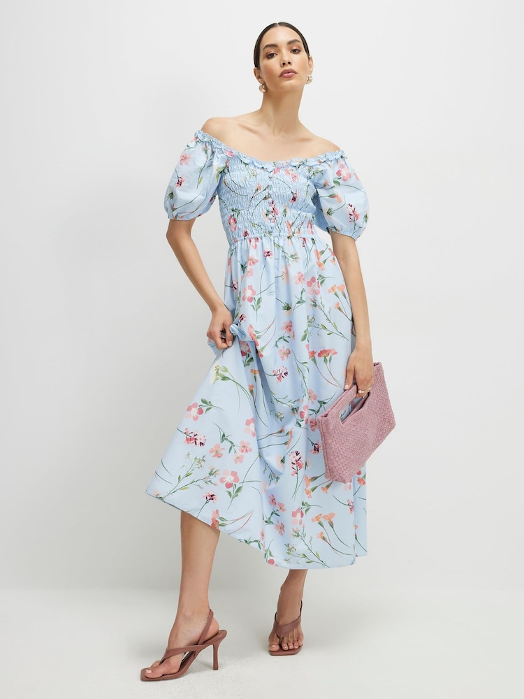 River Island Blue Puff Sleeve Floral Shirred Bardot Midi Dress - Image 1 of 4 River Island Blue Puff Sleeve Floral Shirred Bardot Midi Dress - Image 1 of 4