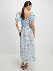 River Island Blue Puff Sleeve Floral Shirred Bardot Midi Dress - Image 2 of 4