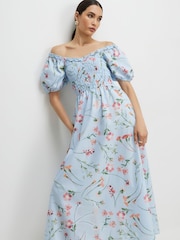 River Island Blue Puff Sleeve Floral Shirred Bardot Midi Dress - Image 3 of 4
