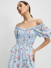 River Island Blue Puff Sleeve Floral Shirred Bardot Midi Dress - Image 4 of 4