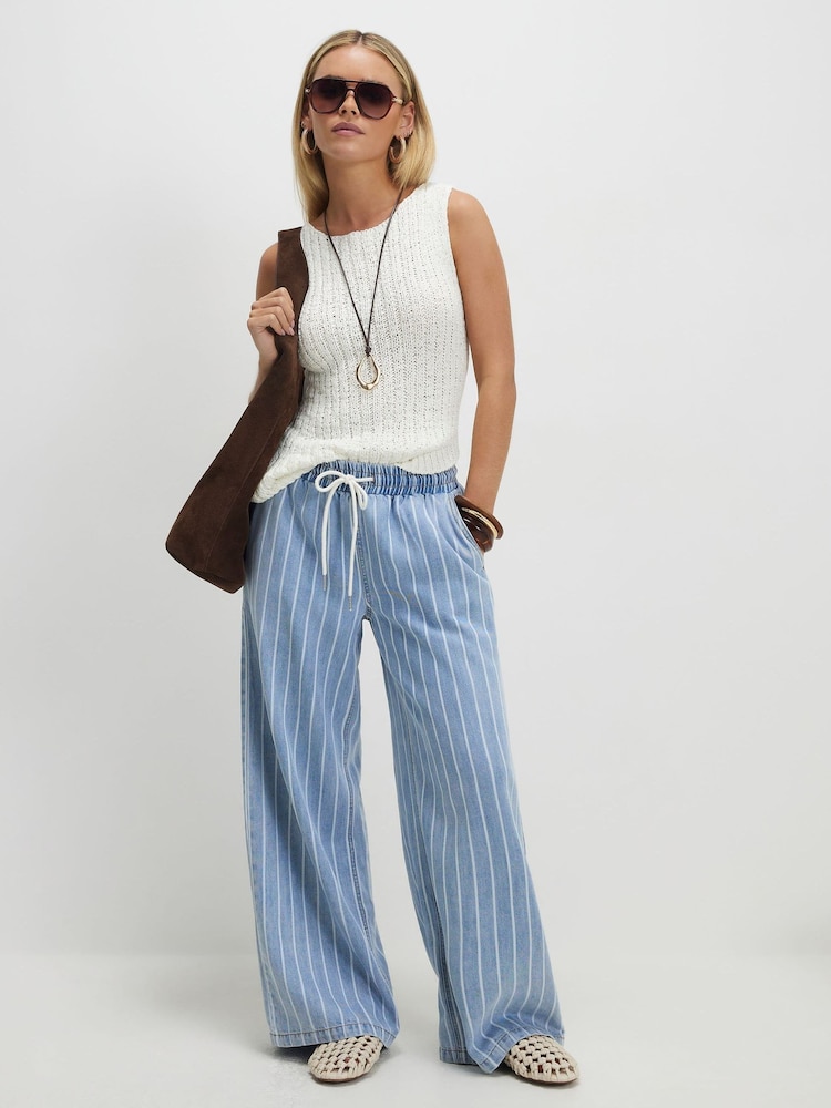River Island Blue Petite Wide Leg Pyjamas Style Drawstring Jeans - Image 1 of 4 River Island Blue Petite Wide Leg Pyjamas Style Drawstring Jeans - Image 1 of 4