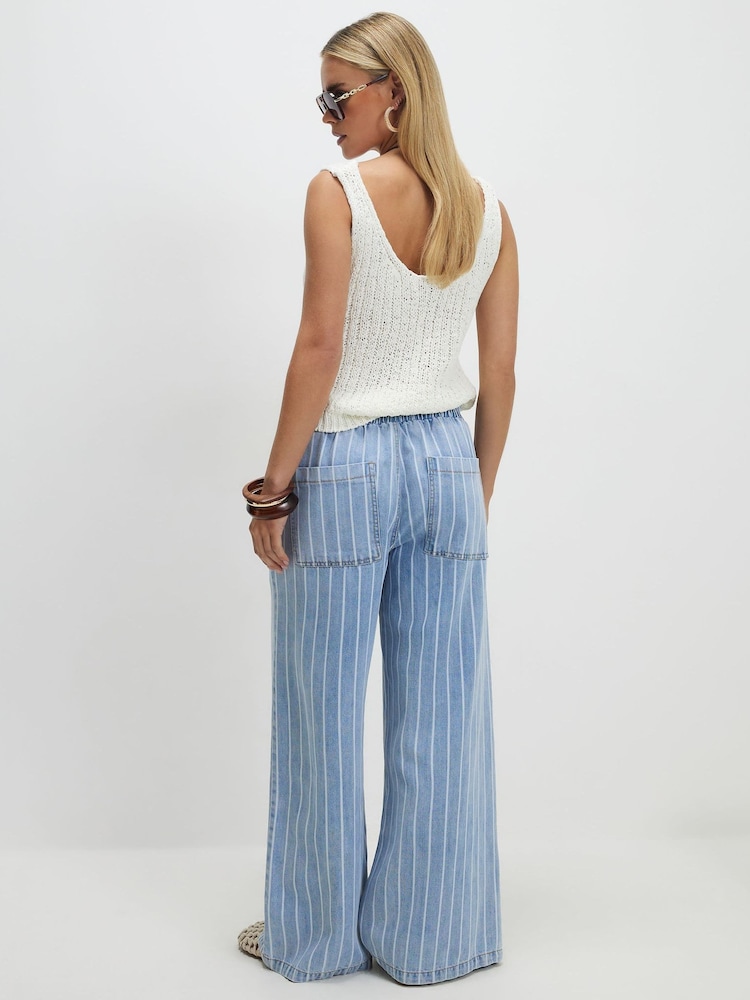 River Island Blue Petite Wide Leg Pyjamas Style Drawstring Jeans - Image 2 of 4 River Island Blue Petite Wide Leg Pyjamas Style Drawstring Jeans - Image 2 of 4
